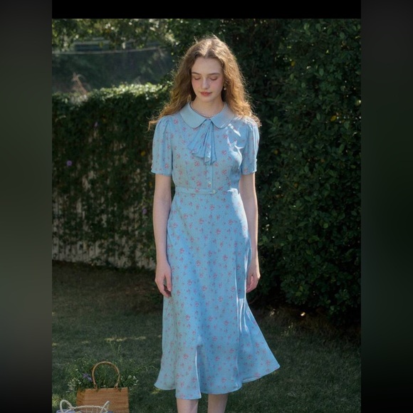 Simple retro elegant blue tea dress - Picture 6 of 7